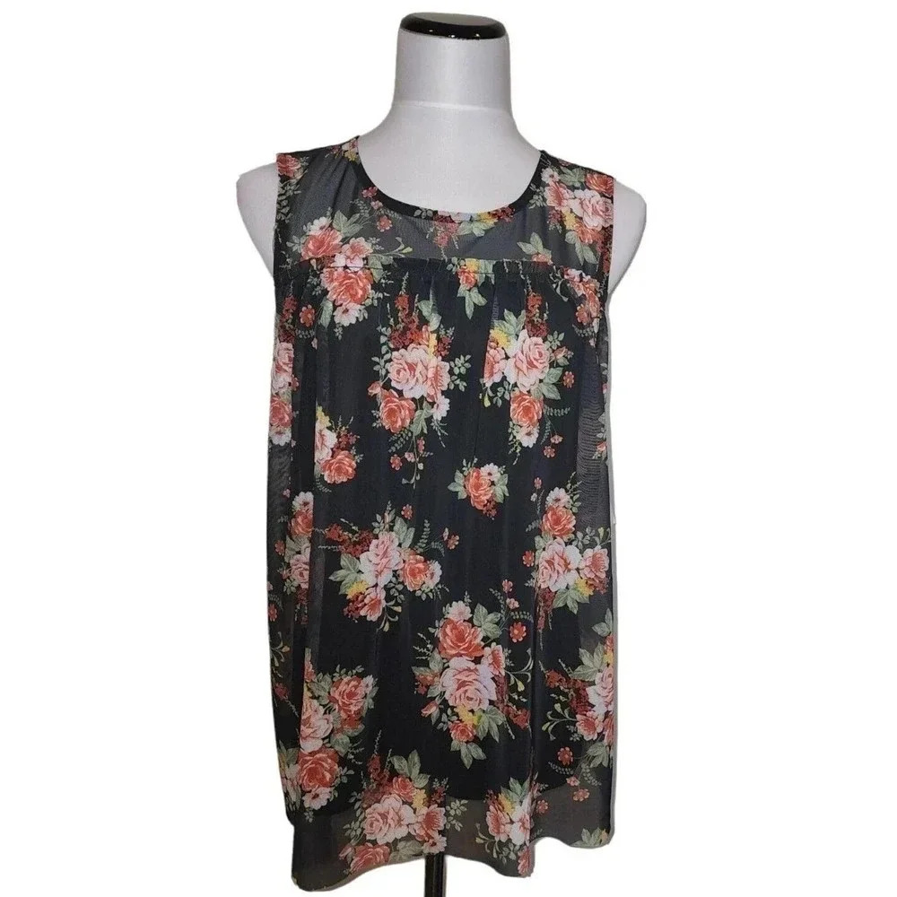 Black Size Small Sleeveless Sheer Floral Mesh Overlay Top Blouse Bobbie Brooks